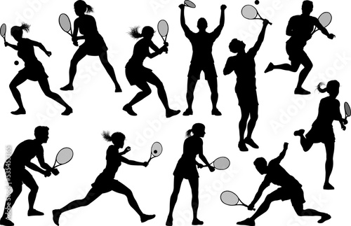 A set of tennis player man and woman silhouette sports people design elements