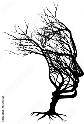 An optical illusion couple tree design with a man and womans faces in silhouette. The mans face is formed by the tree and the womans by the negative space. Could have many meanings as a concept.