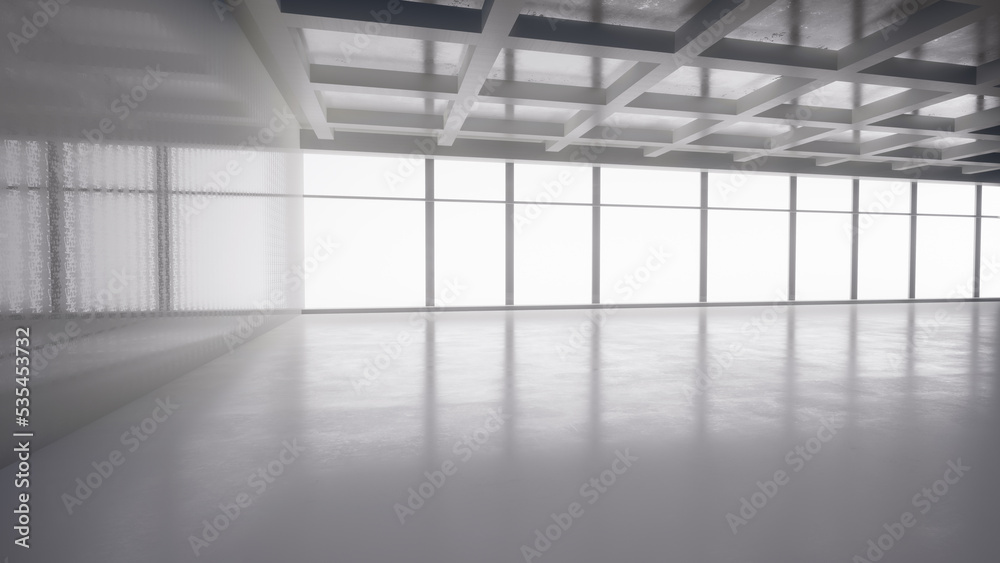 Abstract white and black interior multilevel public space with window. 3D illustration and rendering