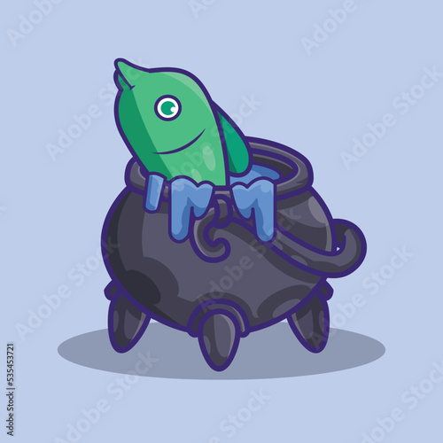 illustration of a cauldron filled with fish 
