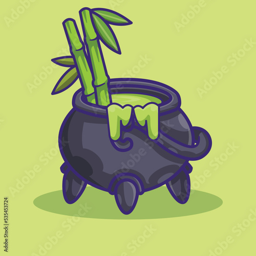 illustration of a cauldron filled with bamboo 