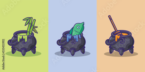 illustration of a cauldron filled with object 