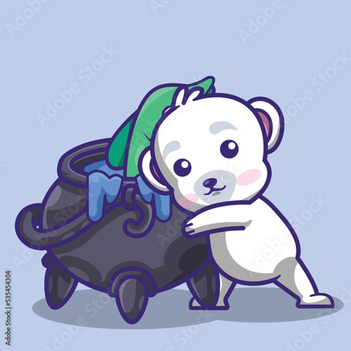 illustration of a cute polar bear with an couldron filled with fish