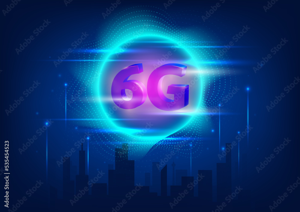 6G High Speed Internet Wave Signal Symbol Noen Glow Light Rays Technology Background