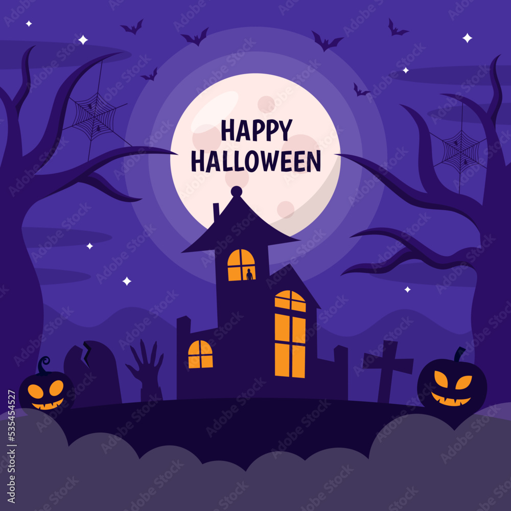 Happy Halloween with Haunted House Celebration Template for Greeting Card, Invitation, or Social Media Post