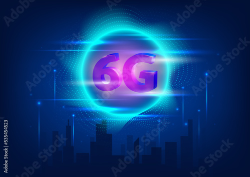 6G High Speed Internet Wave Signal Symbol Noen Glow Light Rays Technology Background
