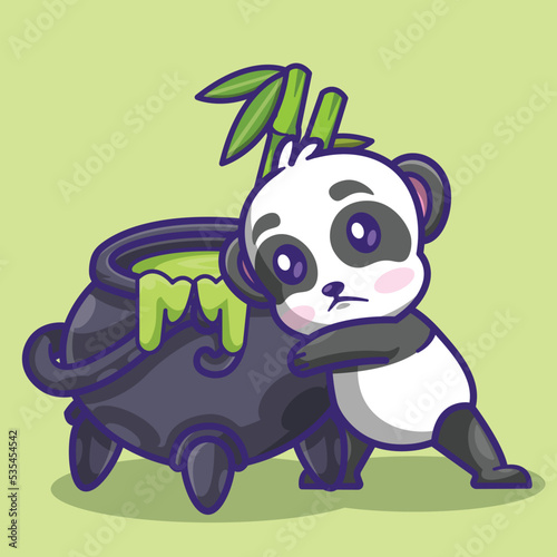 illustration of a cute panda with an couldron filled with bamboo 