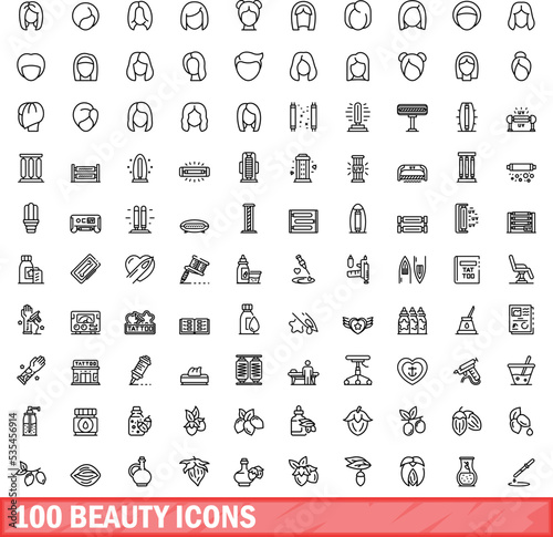 100 beauty icons set. Outline illustration of 100 beauty icons vector set isolated on white background