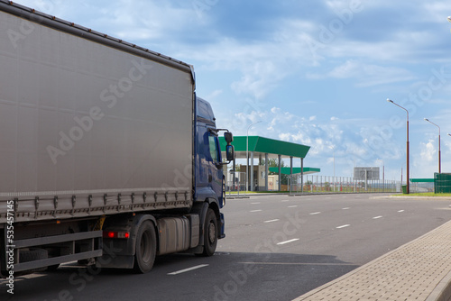 A cargo truck passes the checkpoint on Belarusian-Polish border.