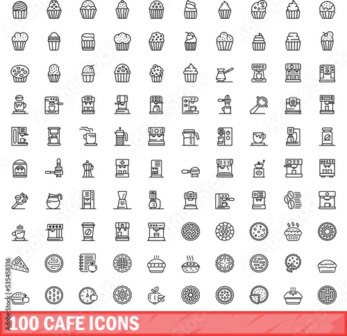 100 cafe icons set. Outline illustration of 100 cafe icons vector set isolated on white background