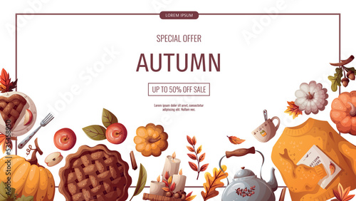 Autumn promo flyer with pumpkins, apple pie, sweater, kettle, candles, and autumn leaves. Autumn, harvest, holiday, fall concept. Vector illustration. Banner, flyer, advertising.