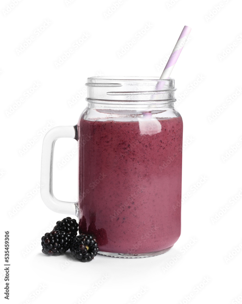 Mason jar of tasty blackberry smoothie and fresh fruits on white background Mason jar of tasty blackberry smoothie and fresh fruits on white background