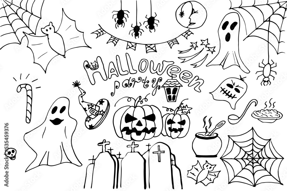 Naklejka premium Halloween set white and black doodle vector illustration