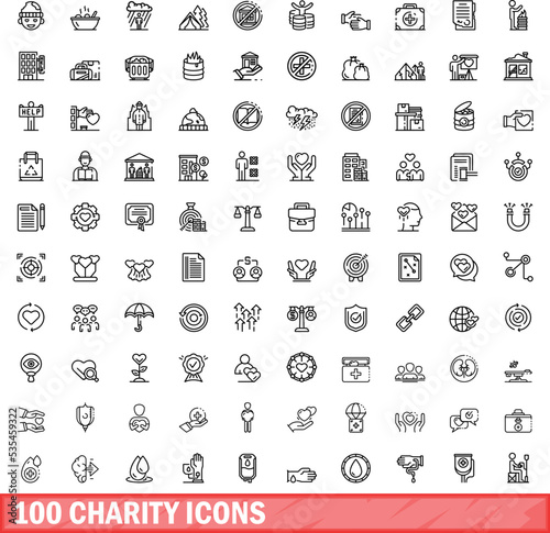 100 charity icons set. Outline illustration of 100 charity icons vector set isolated on white background