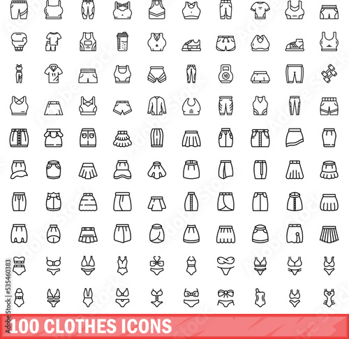 100 clothes icons set. Outline illustration of 100 clothes icons vector set isolated on white background