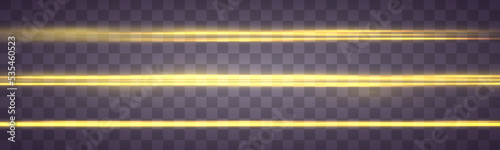 Yellow soft horizontal neon lines and lights. Set of abstract lens flares. Flash golden line motion. Laser sparkle beams, glowing speed rays, gold light effect. Luminous sparkling lined. Vector	