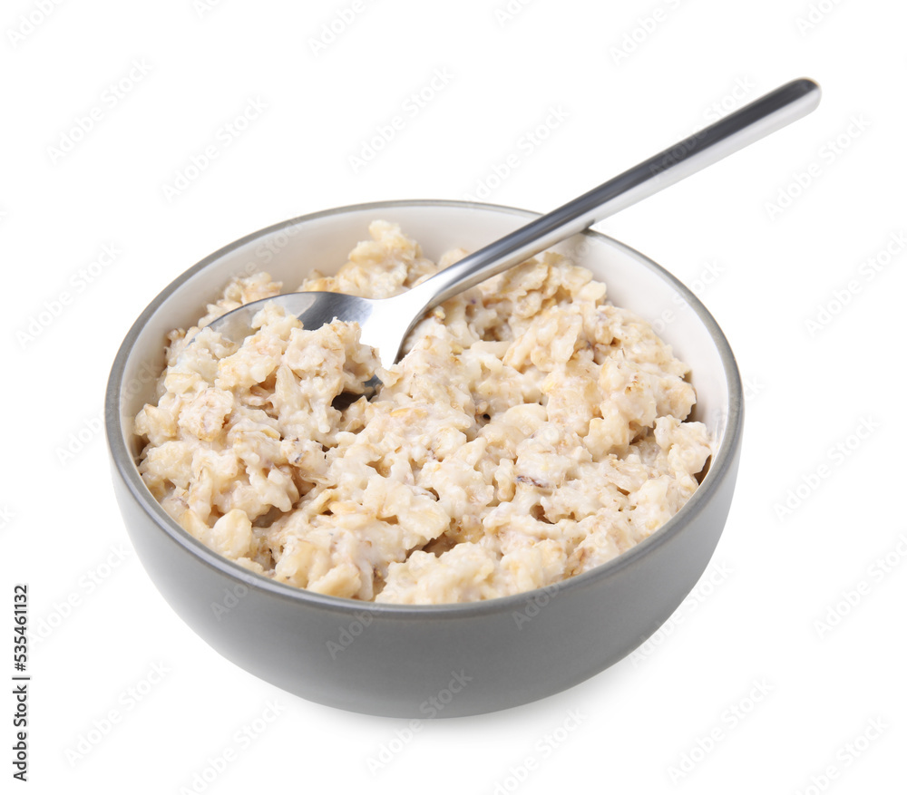 Ceramic bowl and spoon with oatmeal isolated on white Ceramic bowl and spoon with oatmeal isolated on white