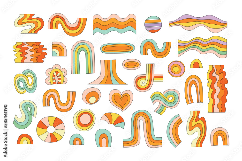 Groovy Rainbows set in retro 70s style. Hippie rainbow psychedelic vector collection. Groovy and Hippy stickers, Abstract design for print, collages, social media. Trendy bright design elements.