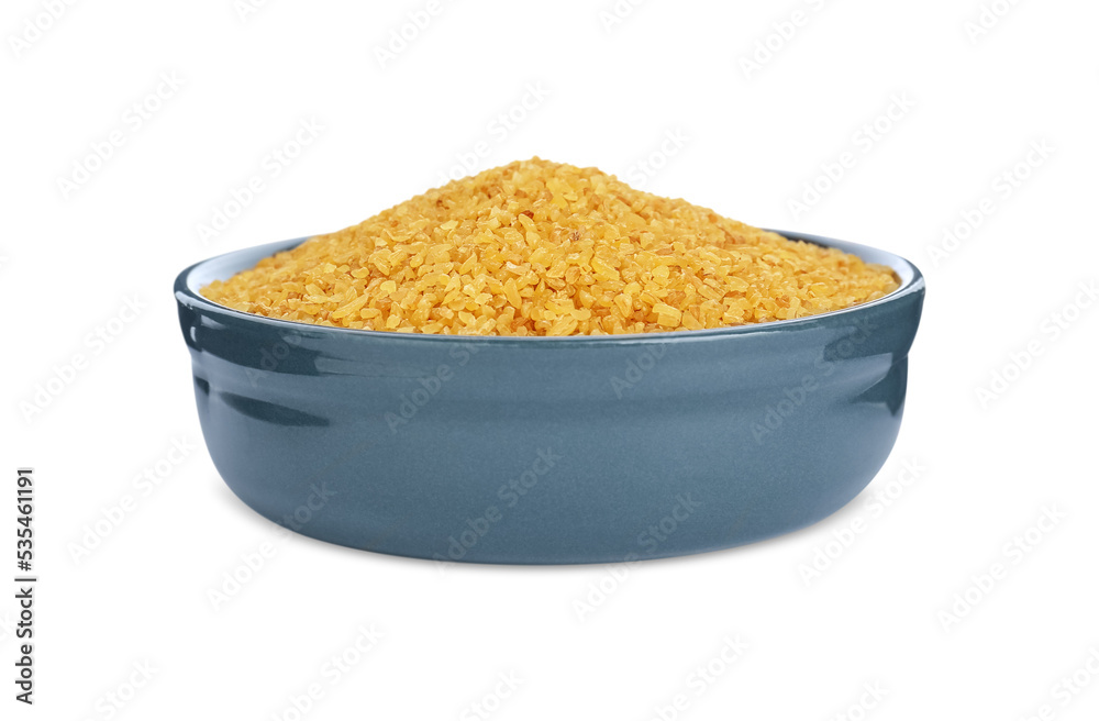 Bowl with uncooked bulgur isolated on white Bowl with uncooked bulgur isolated on white