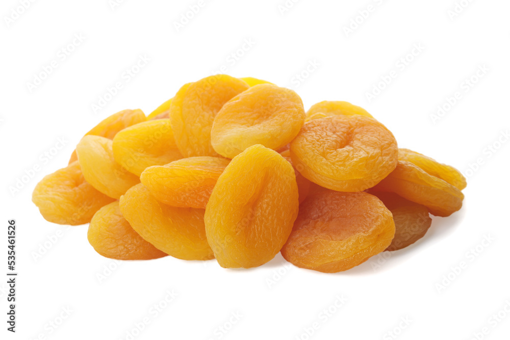 Pile of tasty apricots on white background. Dried fruits