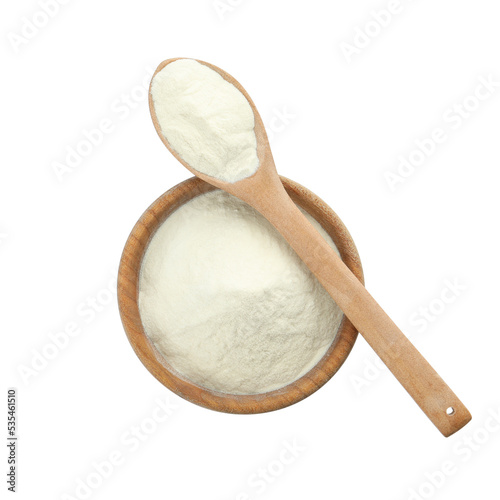 Wooden bowl and spoon of agar-agar powder on white background, top view photo
