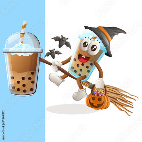 Cute Bubble Tea mascot witch with holding halloween pumpkin