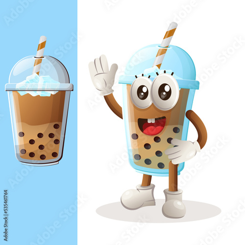 Cute Bubble Tea mascot waving hand