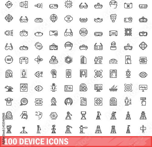 100 device icons set. Outline illustration of 100 device icons vector set isolated on white background
