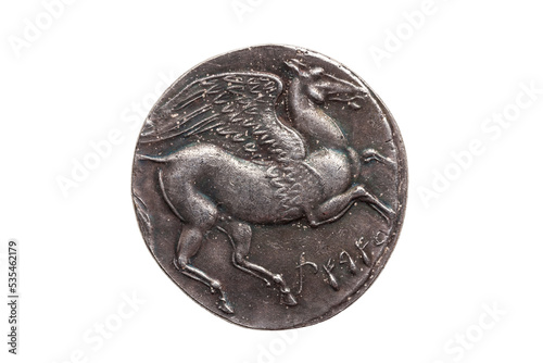 Silver 5 shekel Carthaginian coin replica with portrait of Tanit the sky goddess and the winged horse Pegasus on the reverse from the First Punic War 264-260 BC, cut out and isolated on a transparent  photo