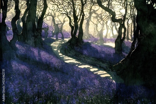 Path through purple bluebell woods in early morning sunrise. High quality illustration