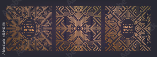 Vector art deco set of frames, abstract geometric design templates for luxury products. Geometric golden square line backgrounds. Use for package, branding, decoration, placards, banners, flyers.