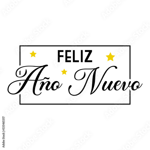 Banner con frase Feliz Año Nuevo en español manuscrito en cuadrado lineal aislado con estrellas para su uso en invitaciones y tarjetas de felicitación