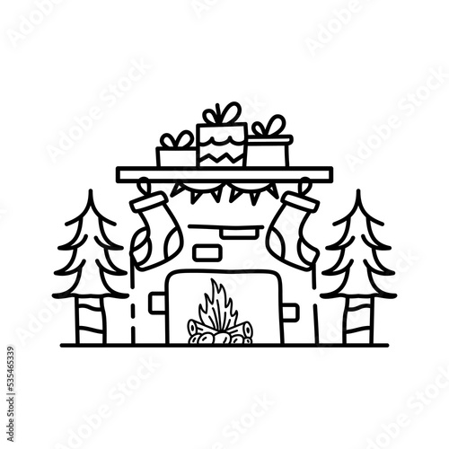 Christmas line icon from the Christmas camping series. Happy Holidays symbol and elements. Stock winter vector. Chimney with gift boxes and socks