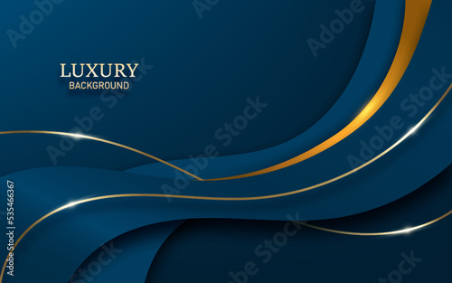 Abstract blue luxury background with golden line, paper cut style 3d. Vector illustration