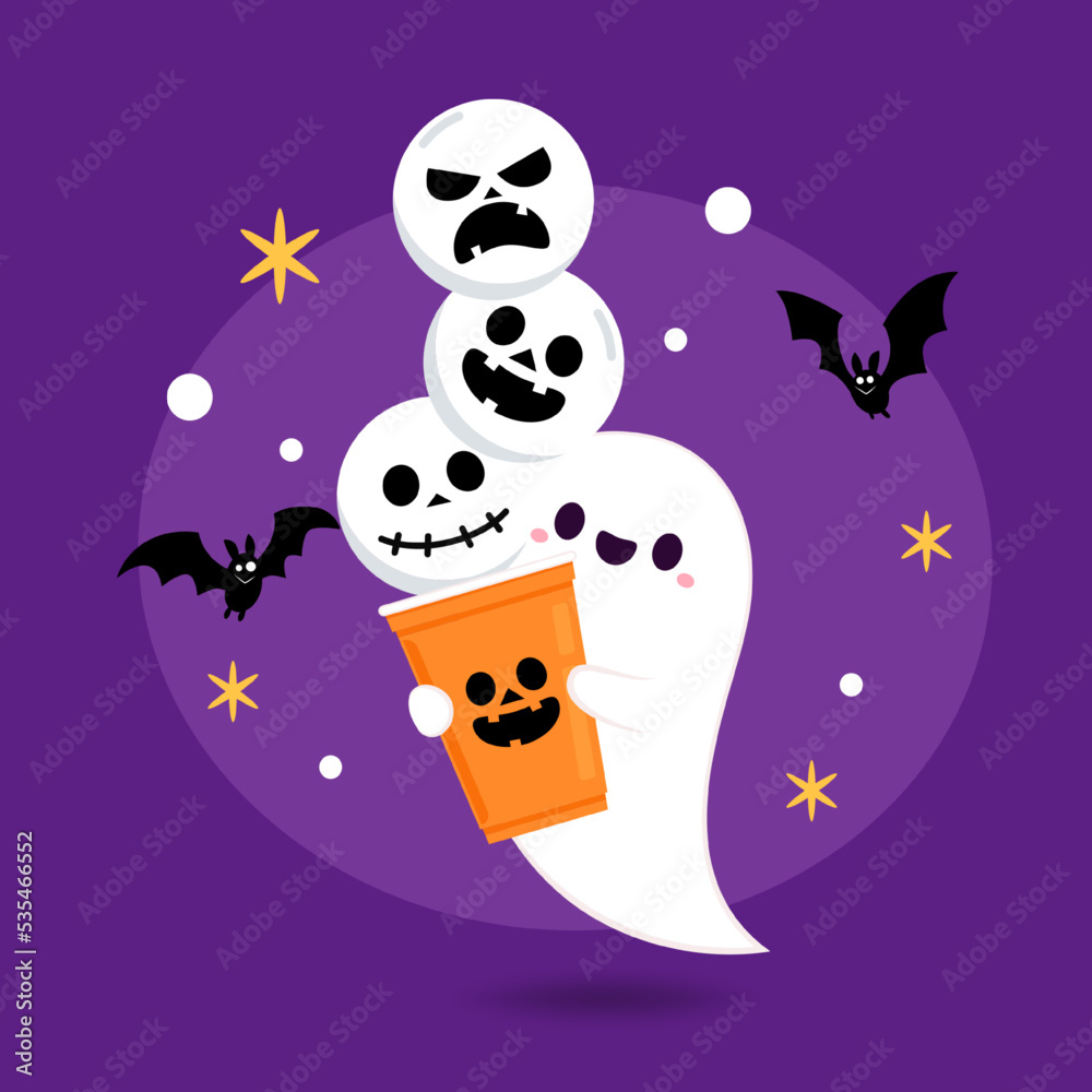 Fototapeta premium Halloween face on plastic cup. Party cup isolated. background, vector illustration. Halloween beer cup vector. Beer pong. Halloween face on plastic cup. Cute ghost cartoon vector.