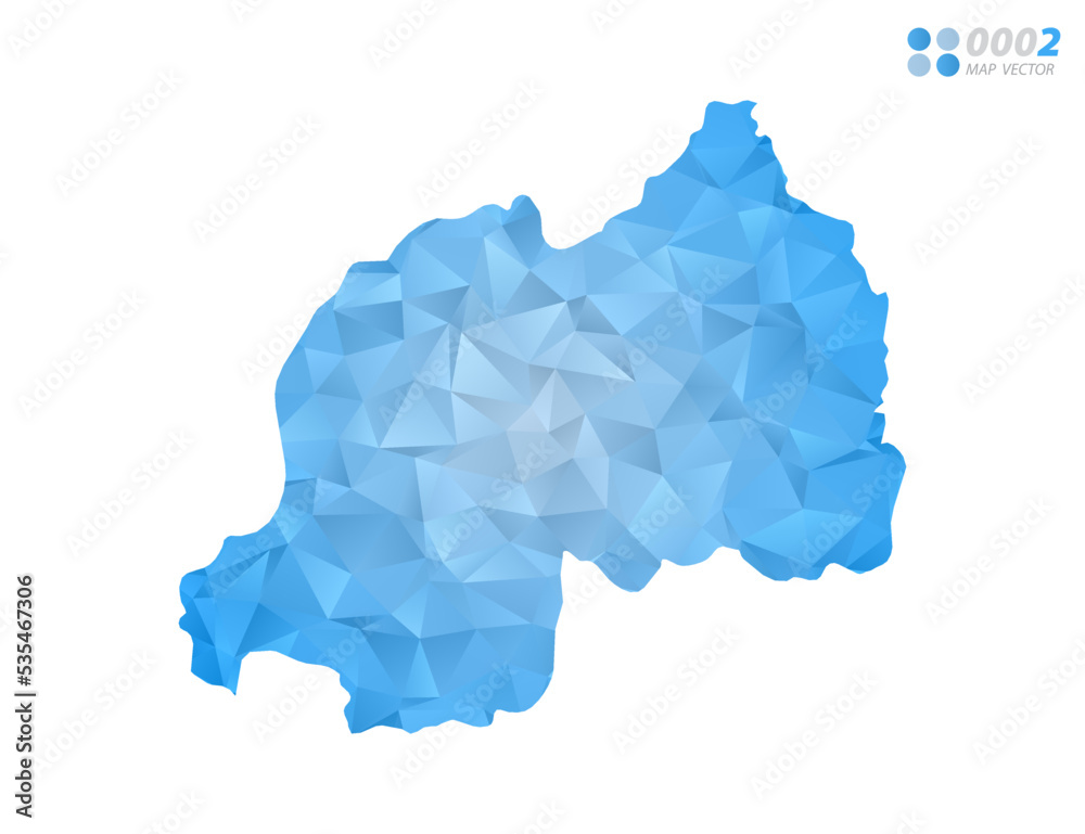 Rwanda map blue polygon triangle mosaic with white background. Vector style gradient. Rwanda map blue polygon triangle mosaic with white background. Vector style gradient.