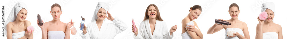 Collage of beautiful woman with shower gels and bast wisps on white background Collage of beautiful woman with shower gels and bast wisps on white background