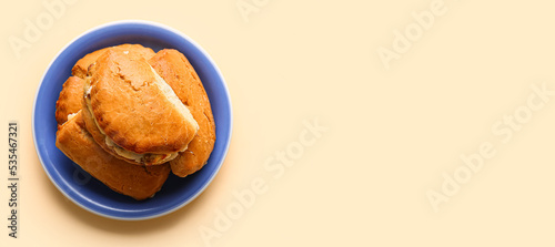 Plate of tasty sochniki with cottage cheese on beige background with space for text photo