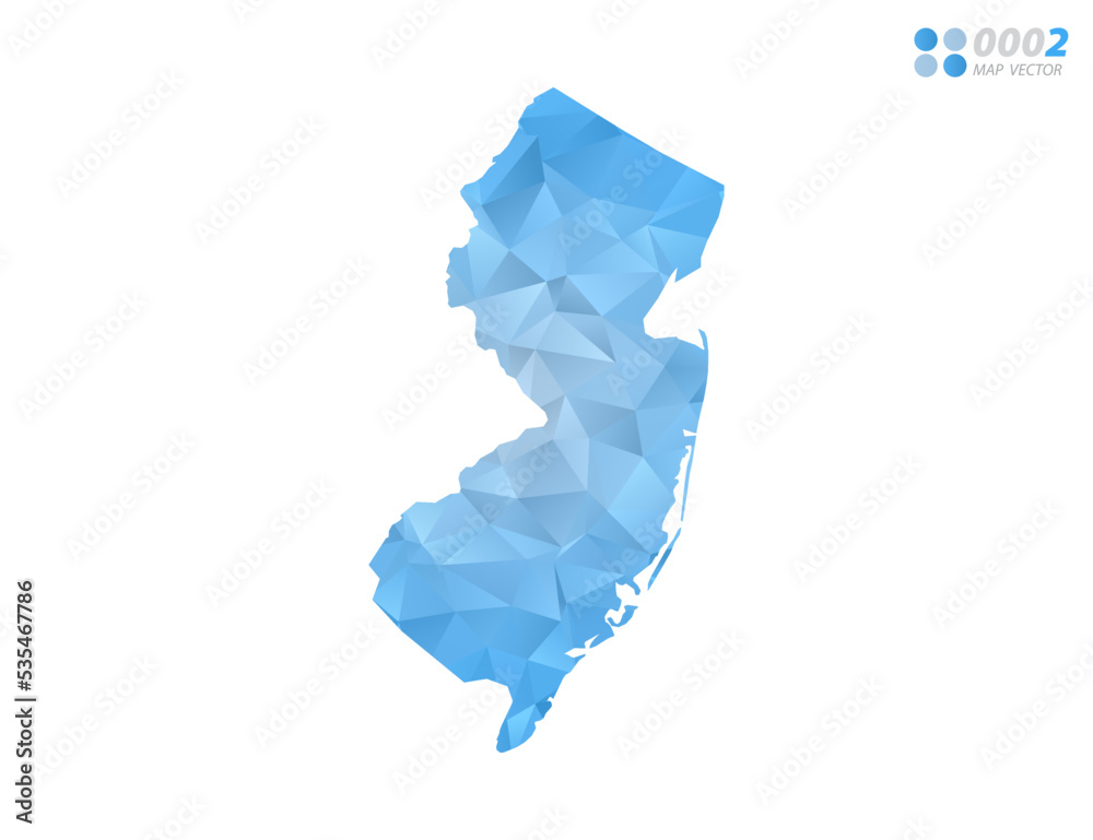 New Jersey map blue polygon triangle mosaic with white background. Vector style gradient.