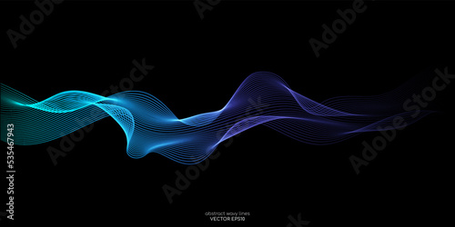 Vector wave lines smooth flowing dynamic blue green gradient light isolated on black background for concept of technology, digital, communication, science, music