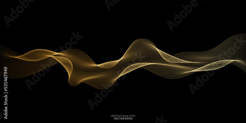 Vector wave lines smooth flowing dynamic gold gradient light isolated on black background for concept of luxury, technology, digital, communication, science, music
