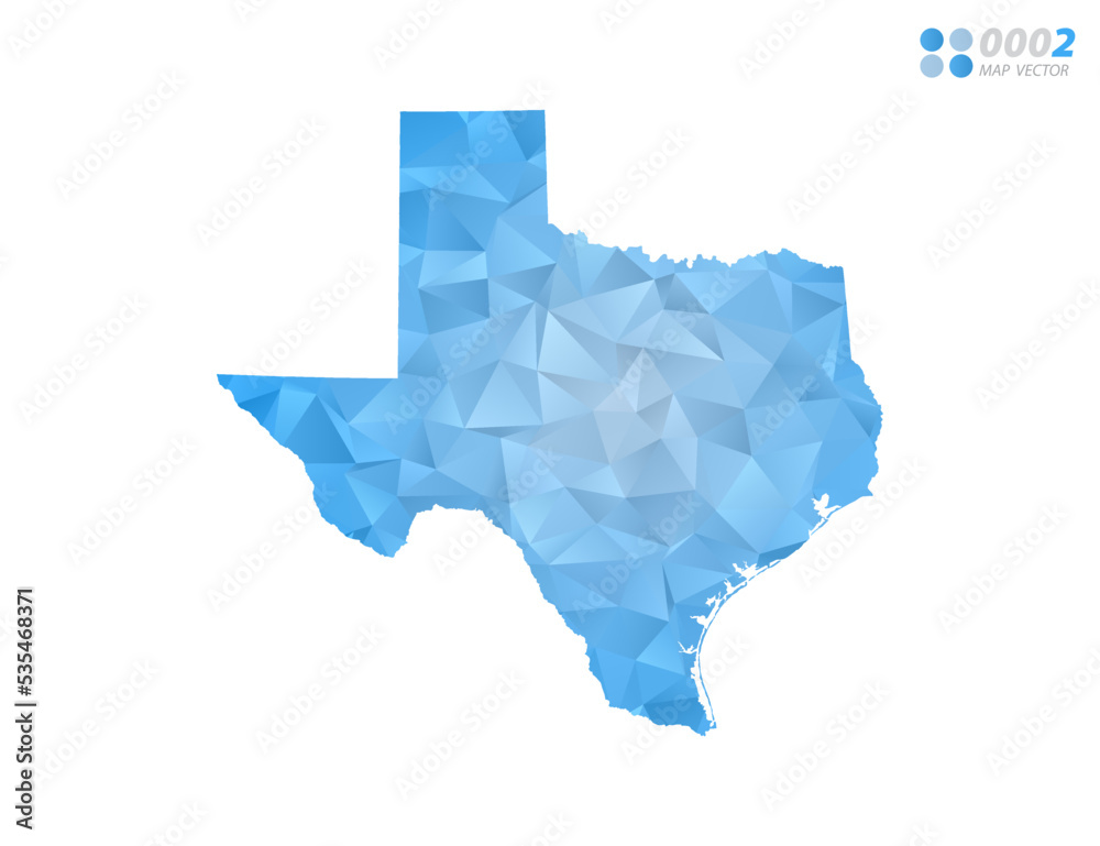 Texas map blue polygon triangle mosaic with white background. Vector style gradient.