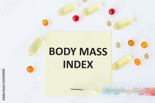 medical text BODY MASS INDEX on the card. white background, medical concept