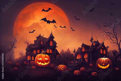 Haunted house at Halloween with moon and bats at night