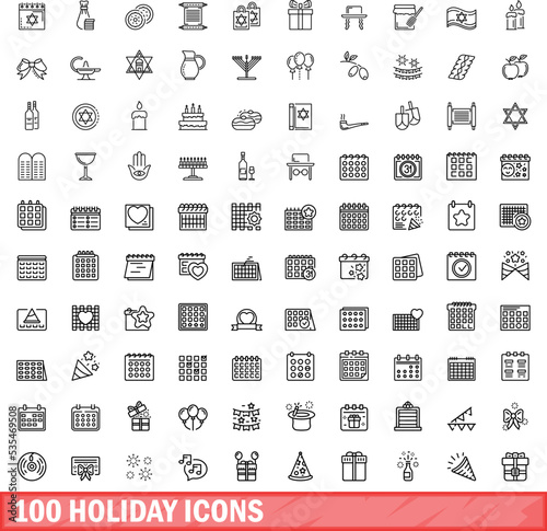 100 holiday icons set. Outline illustration of 100 holiday icons vector set isolated on white background