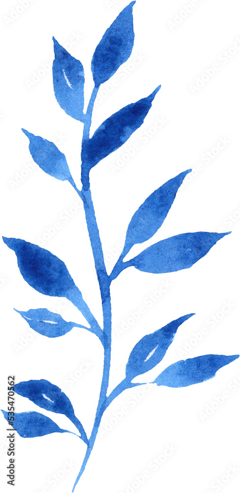 Blue leaves. Watercolor illustration. Isolated on transparent. Beautiful decoration for your design.