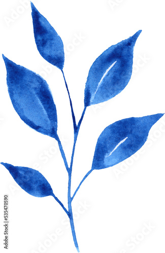 Blue leaves. Watercolor illustration. Isolated on transparent. Beautiful decoration for your design.