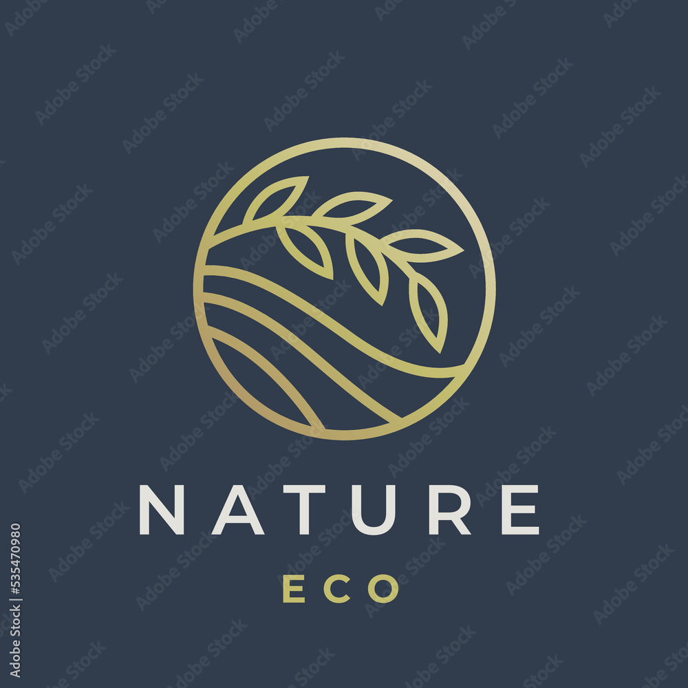 Eco nature line icon. Plant leaf circle logo. Natural organic product emblem. Botanical wellness health spa symbol. Vector illustration.