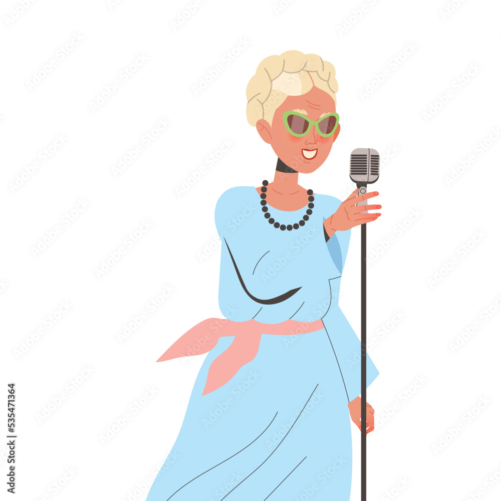 Woman Pensioner Character Singing in Microphone Performing on Stage Engaged in Hobby Activity on Retirement Vector Illustration Woman Pensioner Character Singing in Microphone Performing on Stage Engaged in Hobby Activity on Retirement Vector Illustration