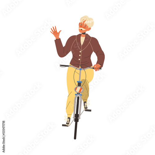 Man Pensioner Character Riding Bicycle and Waving Hand Engaged in Hobby Activity on Retirement Vector Illustration
